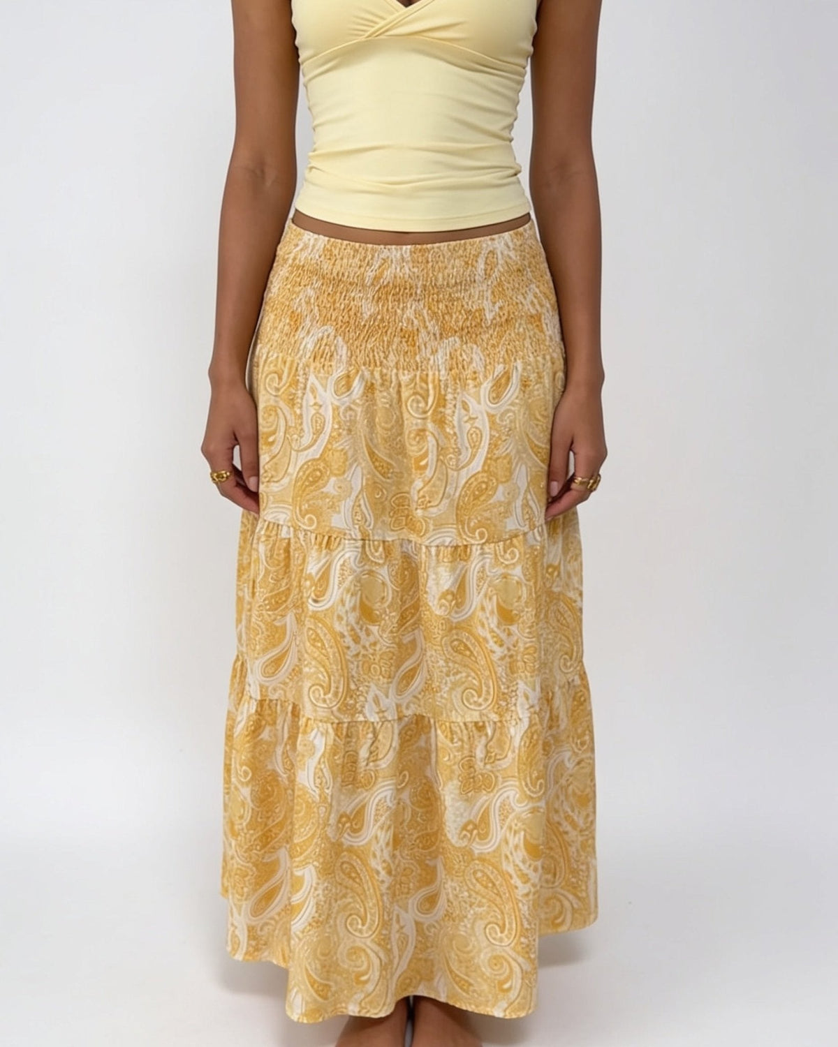 Boho paisley tiered maxi skirt in Mustard