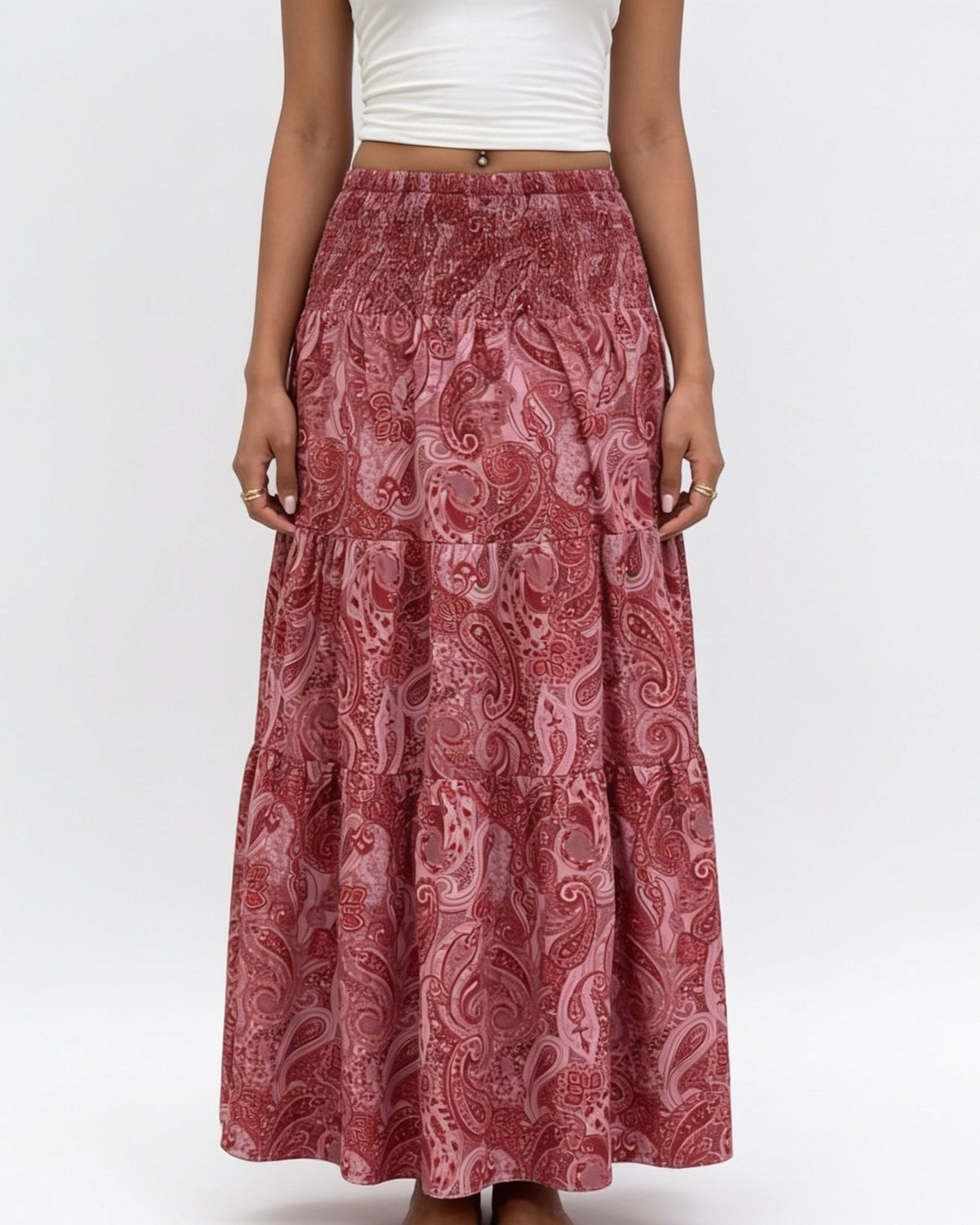 Boho paisley tiered maxi skirt in Deep Rose