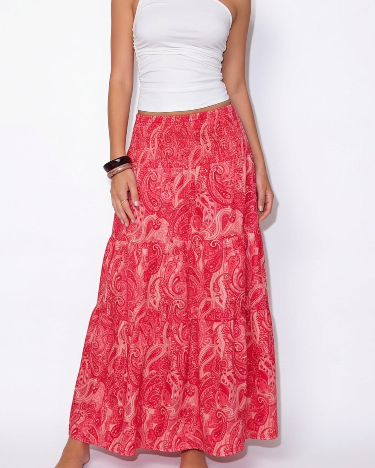 Boho paisley tiered maxi skirt in Fuchsia Pink