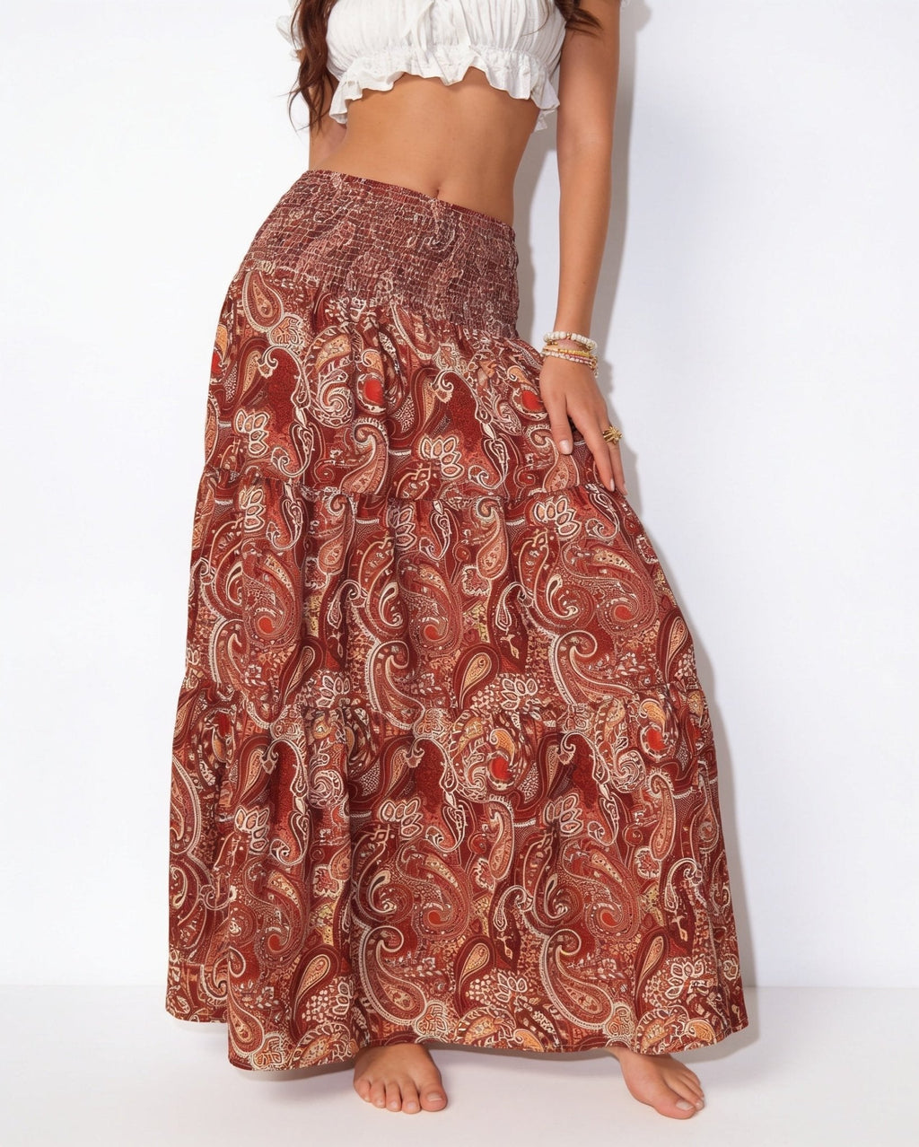 Boho paisley tiered maxi skirt, detail view 2