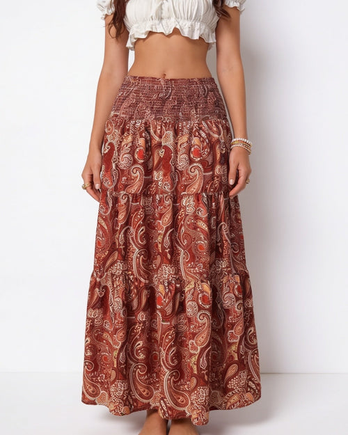 Boho paisley tiered maxi skirt in Rust Red