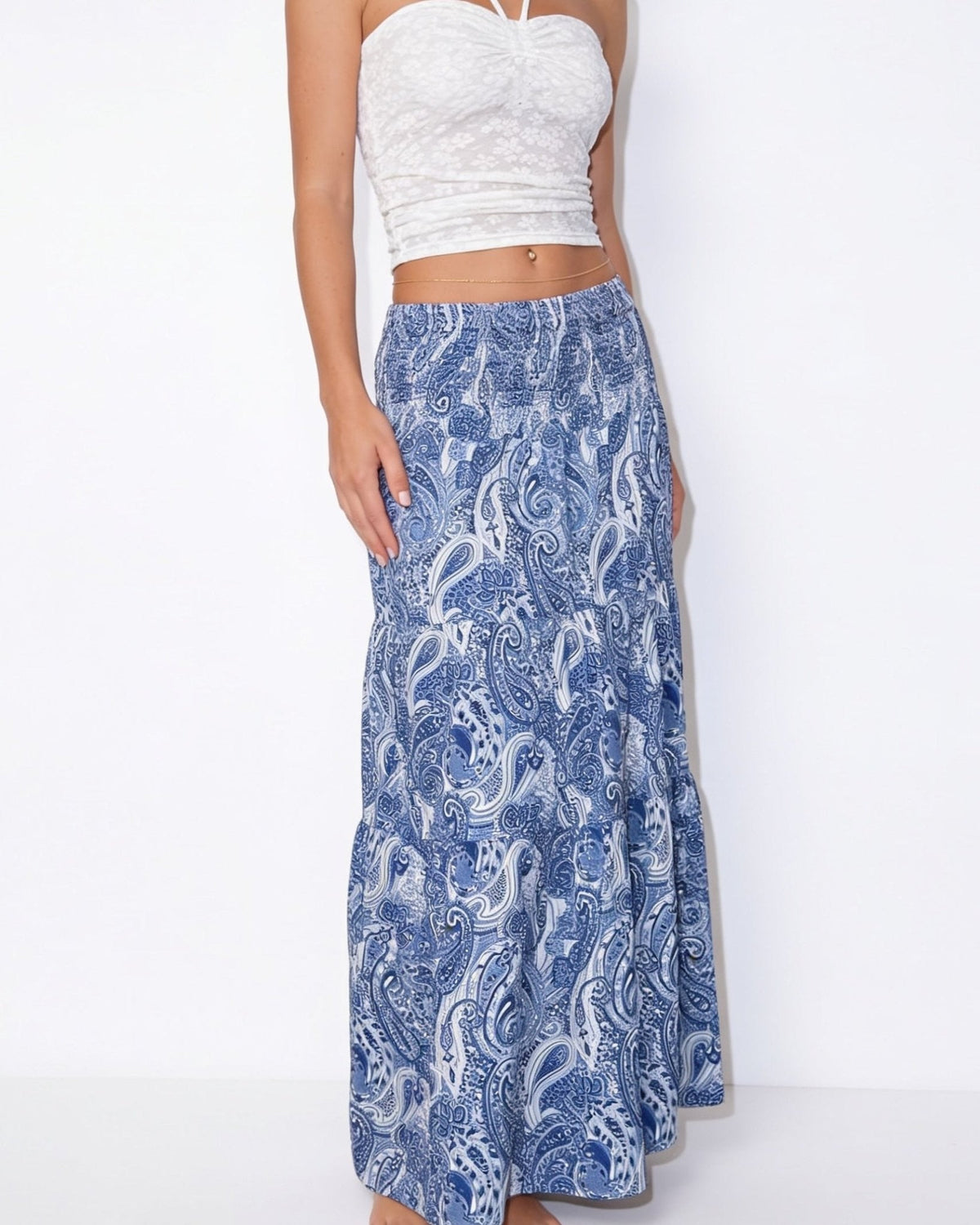 Boho paisley tiered maxi skirt in Blue