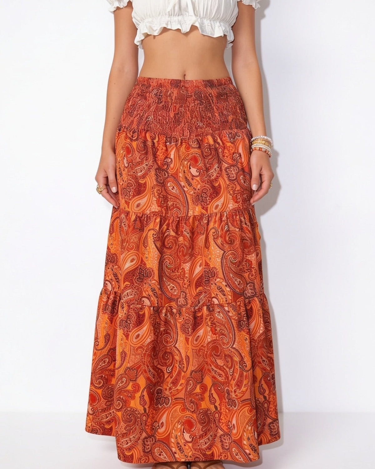 Boho paisley tiered maxi skirt in Terracotta