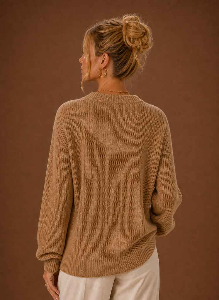 V-hals cardigan i kamel set bagfra