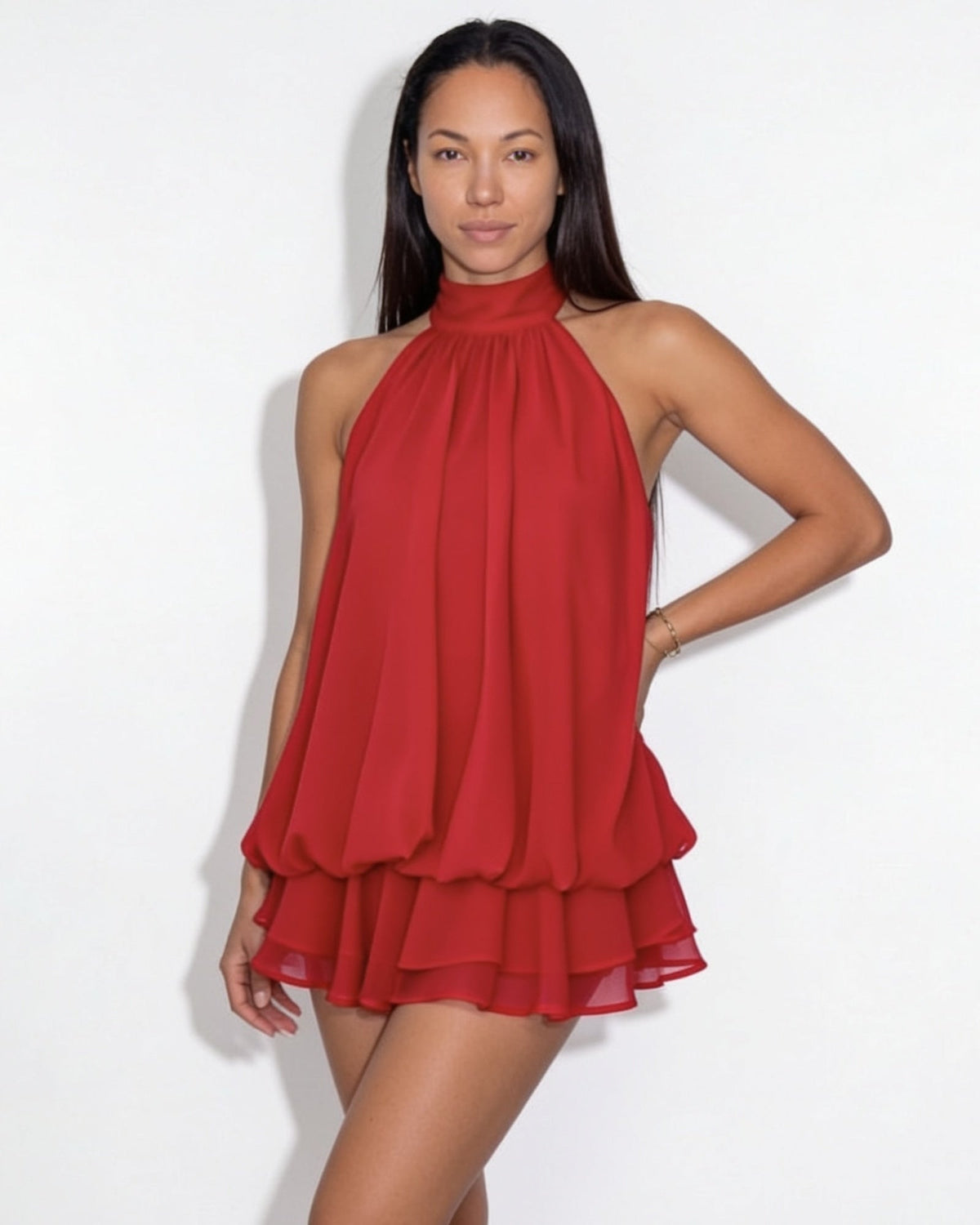 Chiffon halter mini dress in Red
