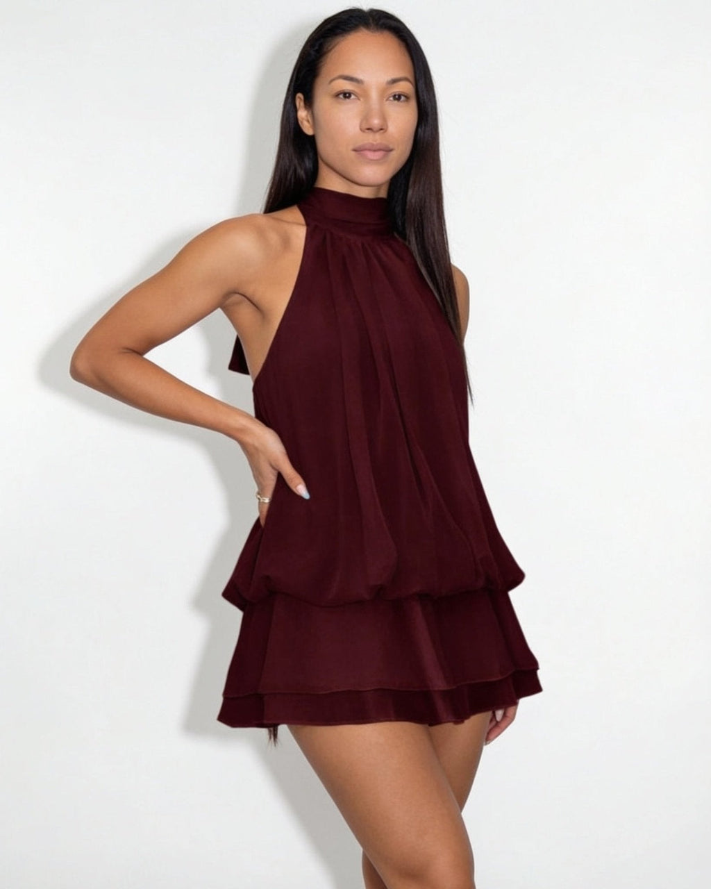 Chiffon halter mini dress in Wine