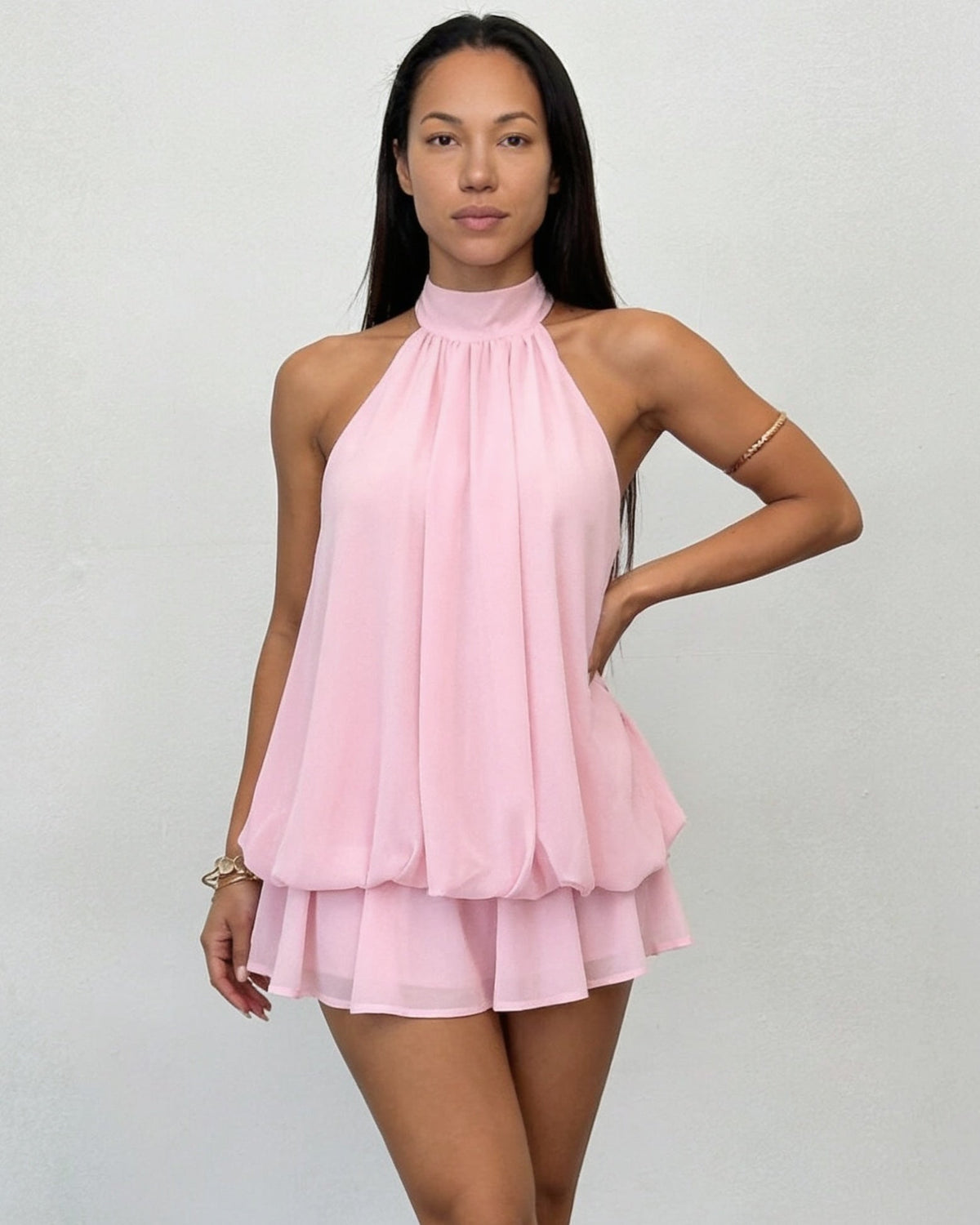 Chiffon halter mini dress in Pink