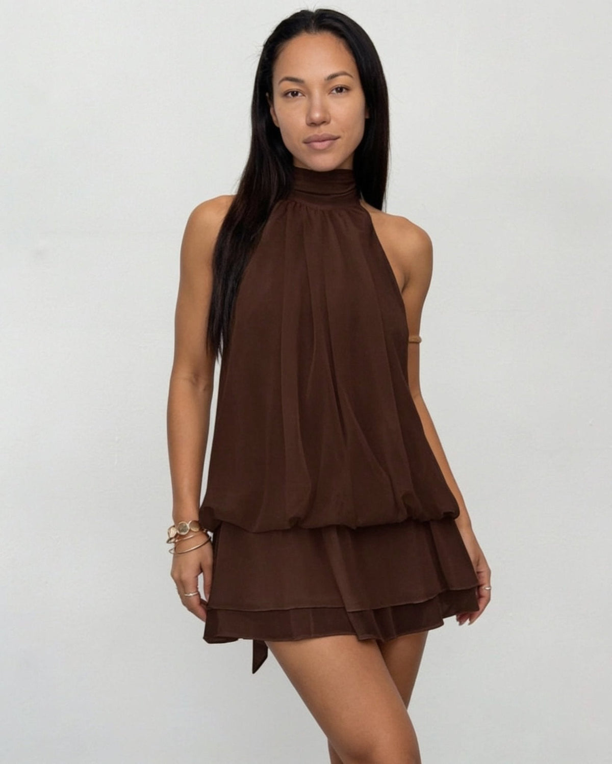 Chiffon halter mini dress in Brown