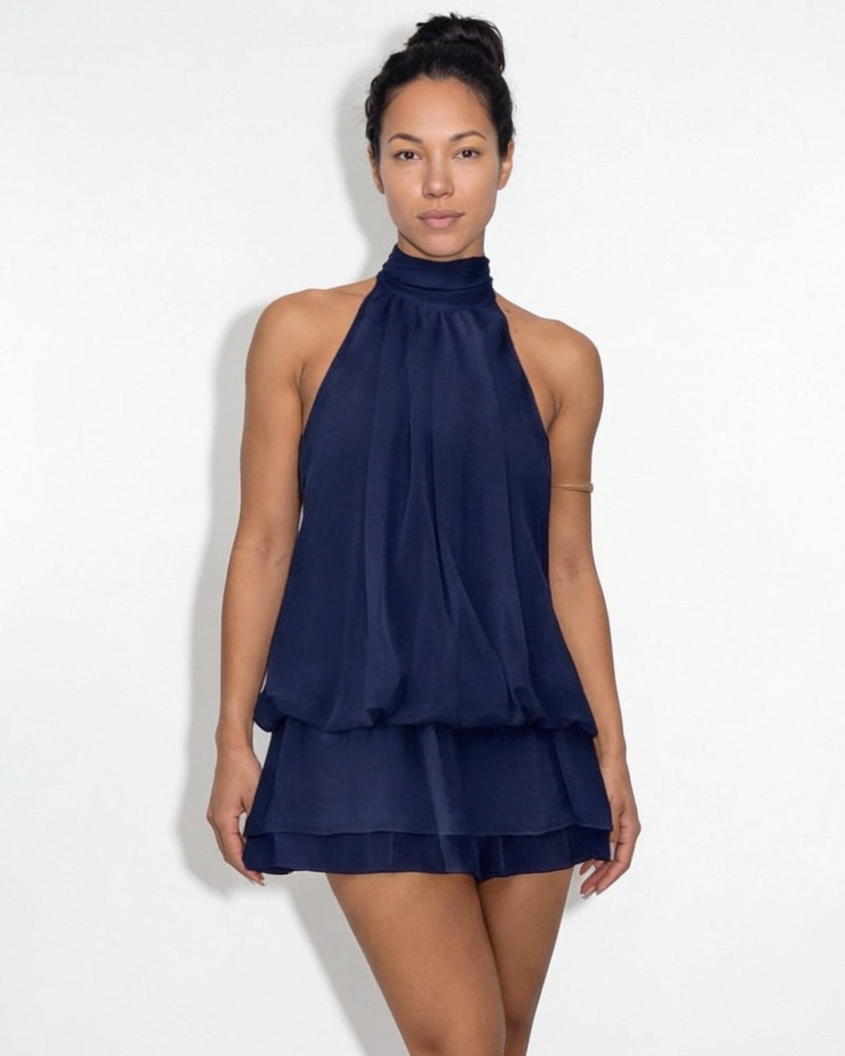 Chiffon halter mini dress in Navy