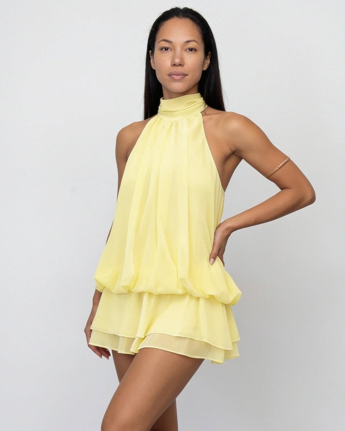 Chiffon halter mini dress in Yellow
