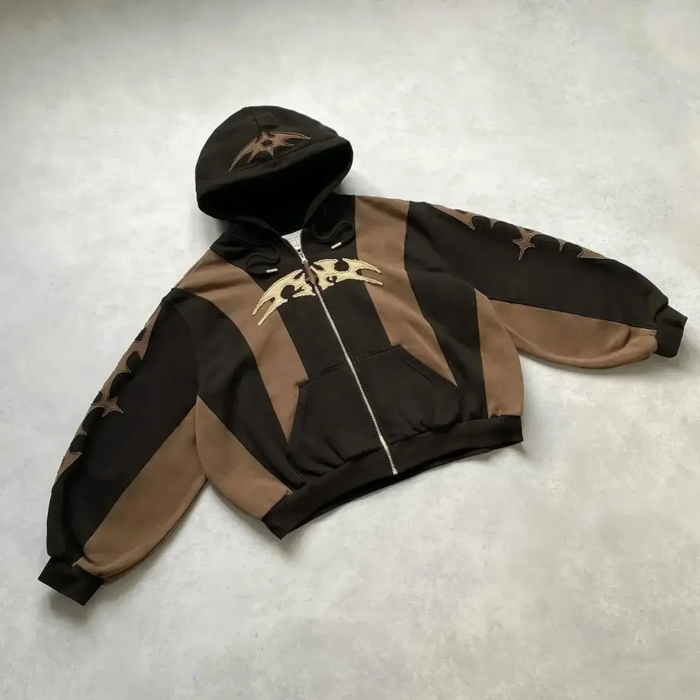 Klassisk hoodie i Sort/Brun, detalje af strikkant
