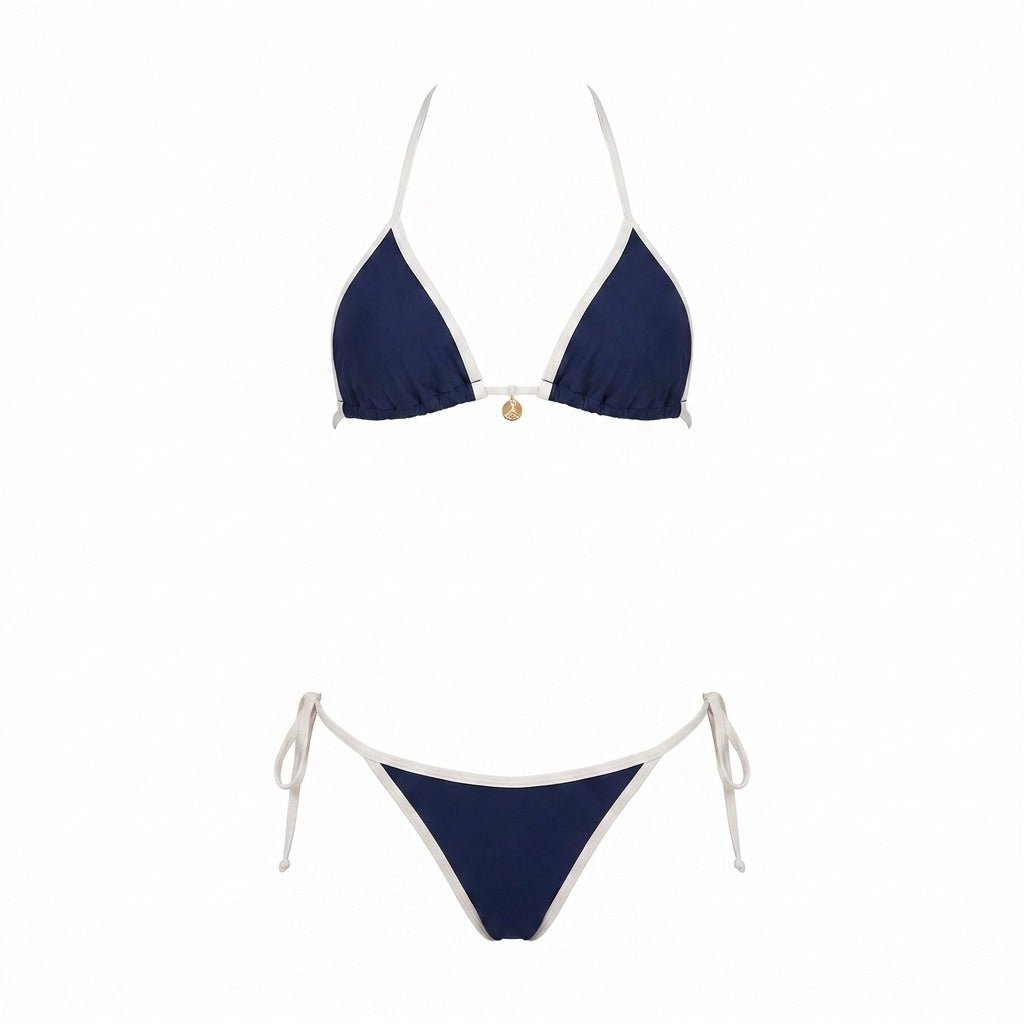 Contrast trim triangle bikini in Navy
