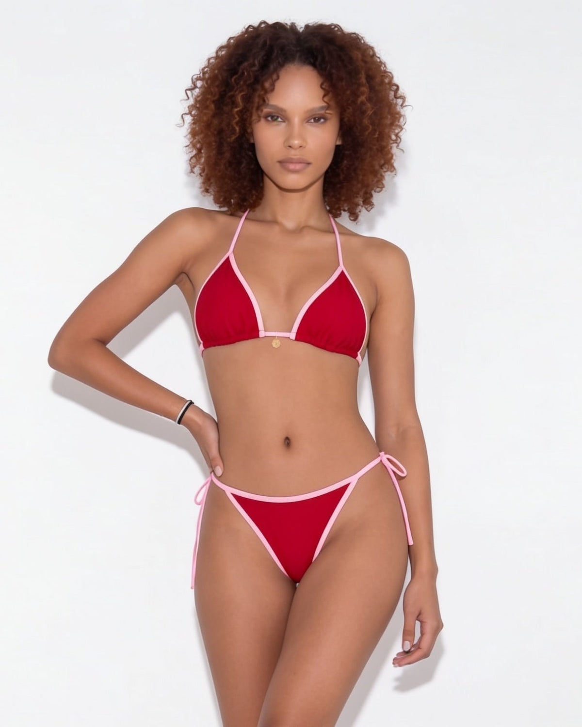 Contrast trim triangle bikini in Red, additional view 1