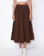 Drawstring tiered midi skirt in Brown