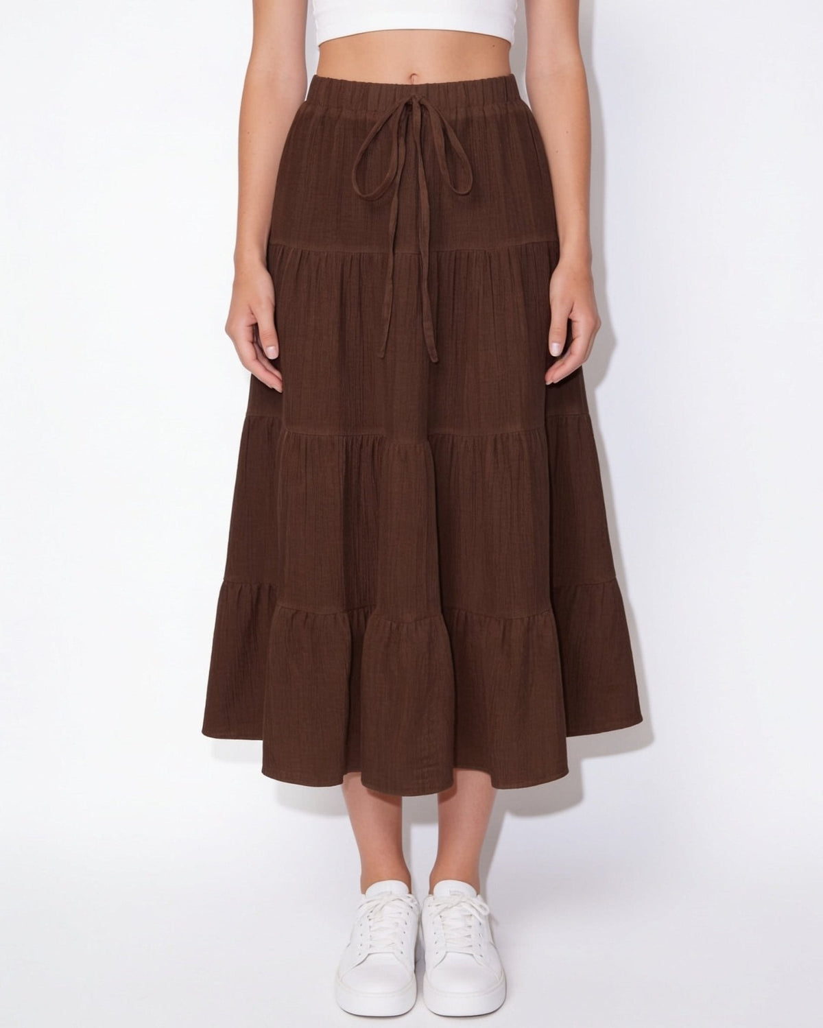Drawstring tiered midi skirt in Brown