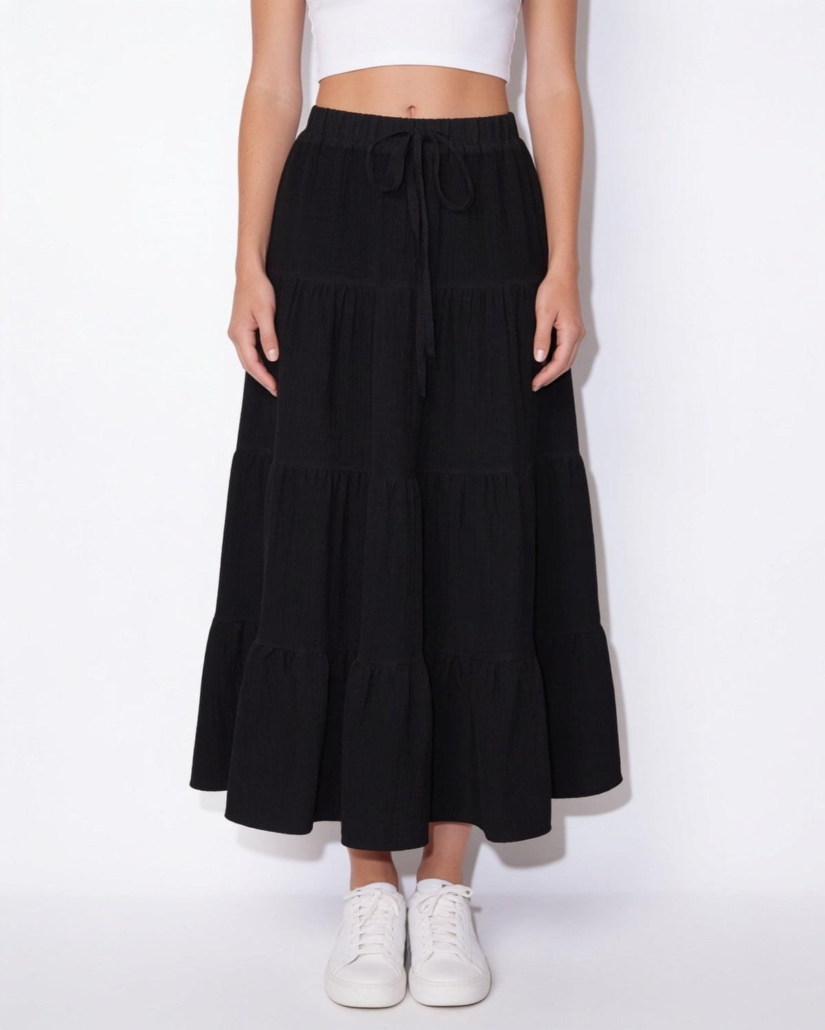 Drawstring tiered midi skirt in Black