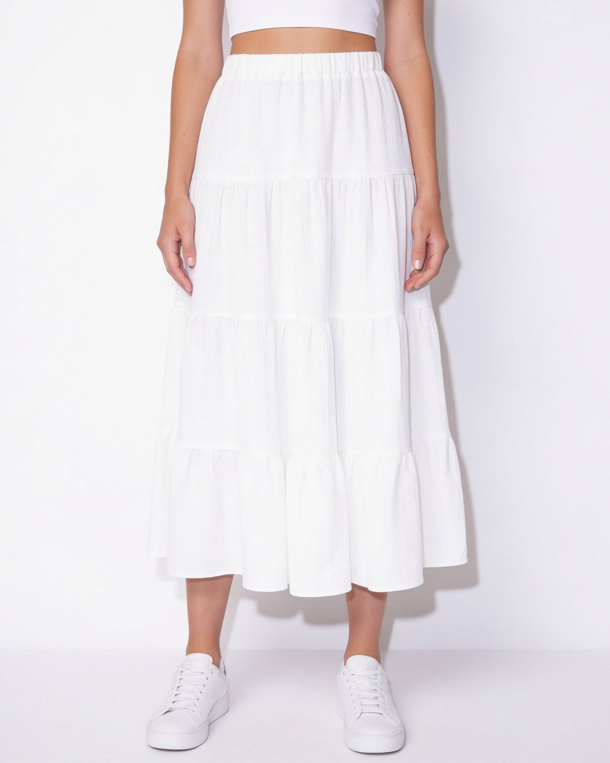 Drawstring tiered midi skirt in White