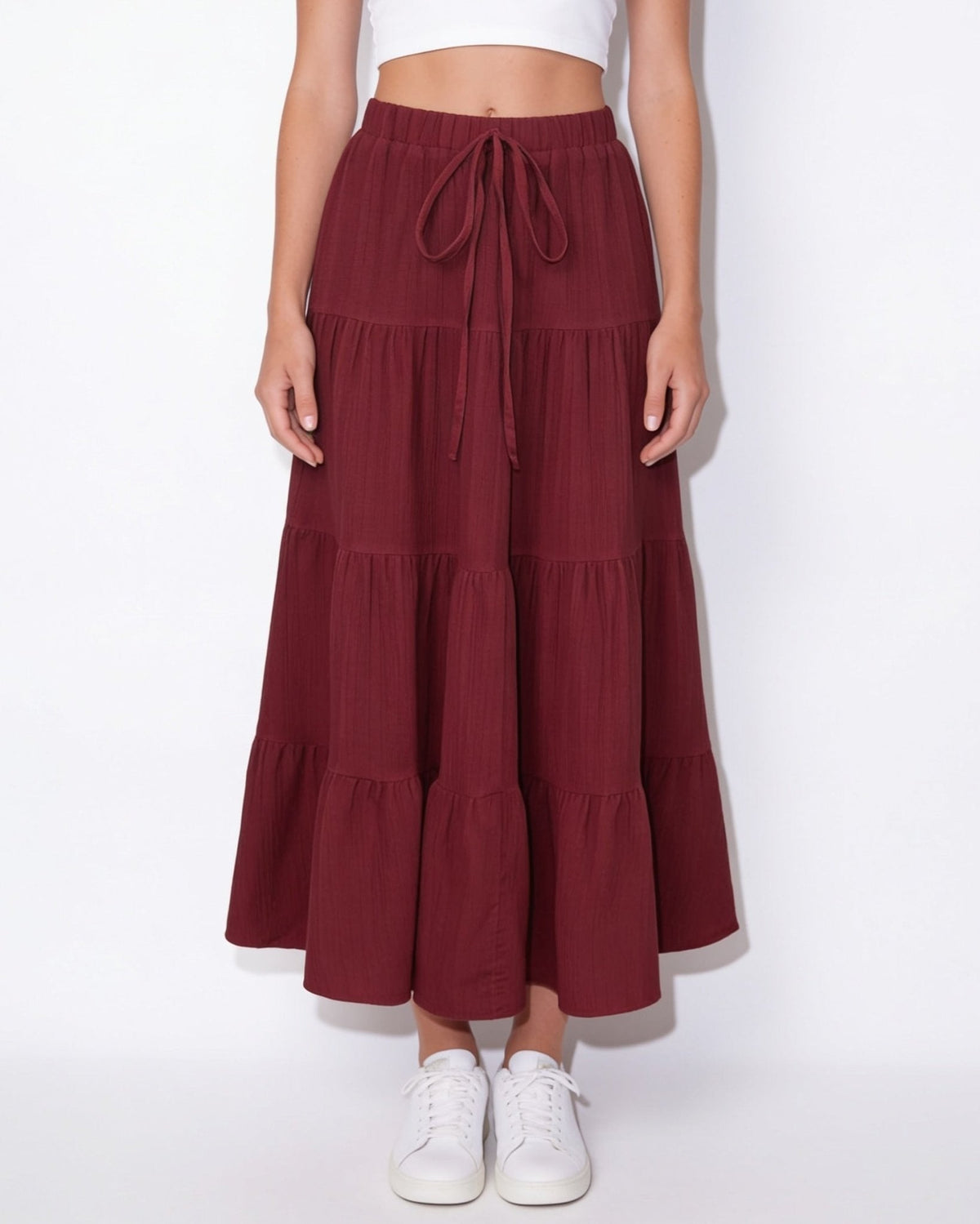 Drawstring tiered midi skirt in Burgundy