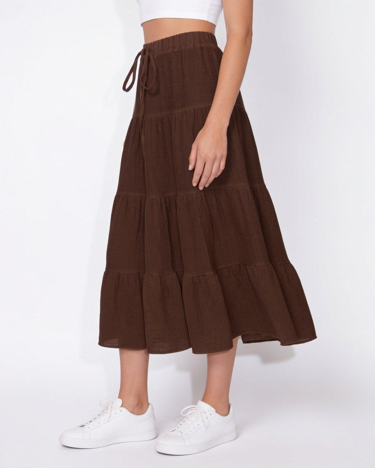 Drawstring tiered midi skirt, detail view 1