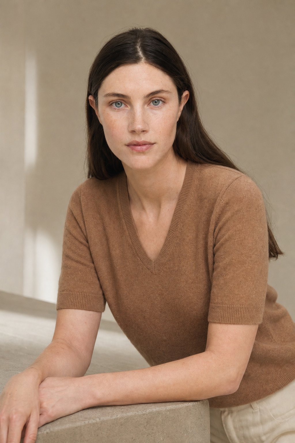 Merino wool blend V-neck knit top, detail view 1