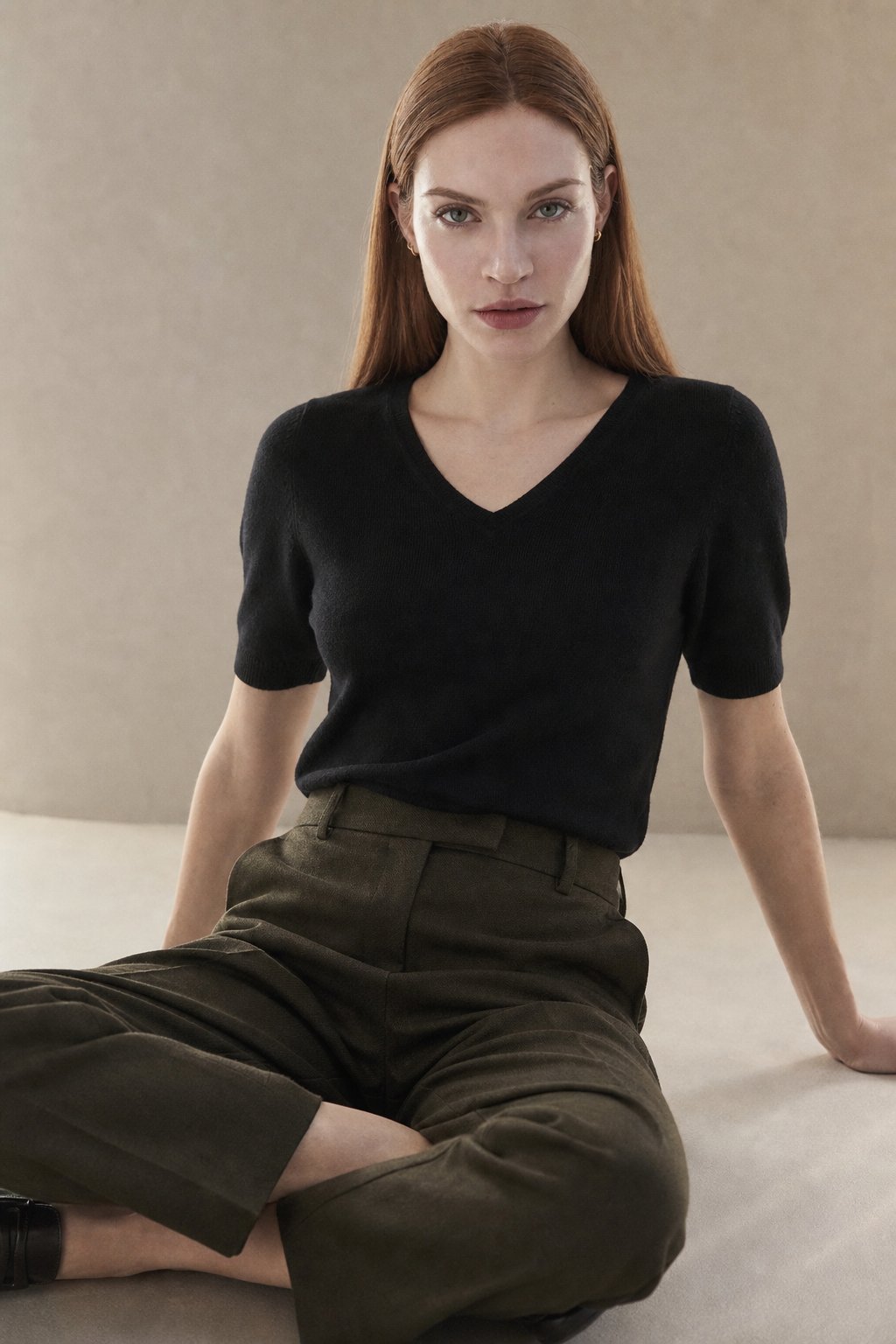 Merino wool blend V-neck knit top in Black