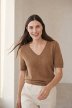 Merino wool blend V-neck knit top in Khaki