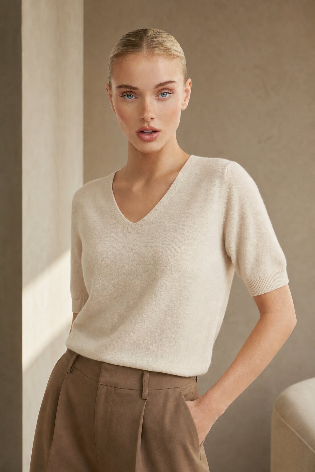 Merino wool blend V-neck knit top, detail view 3