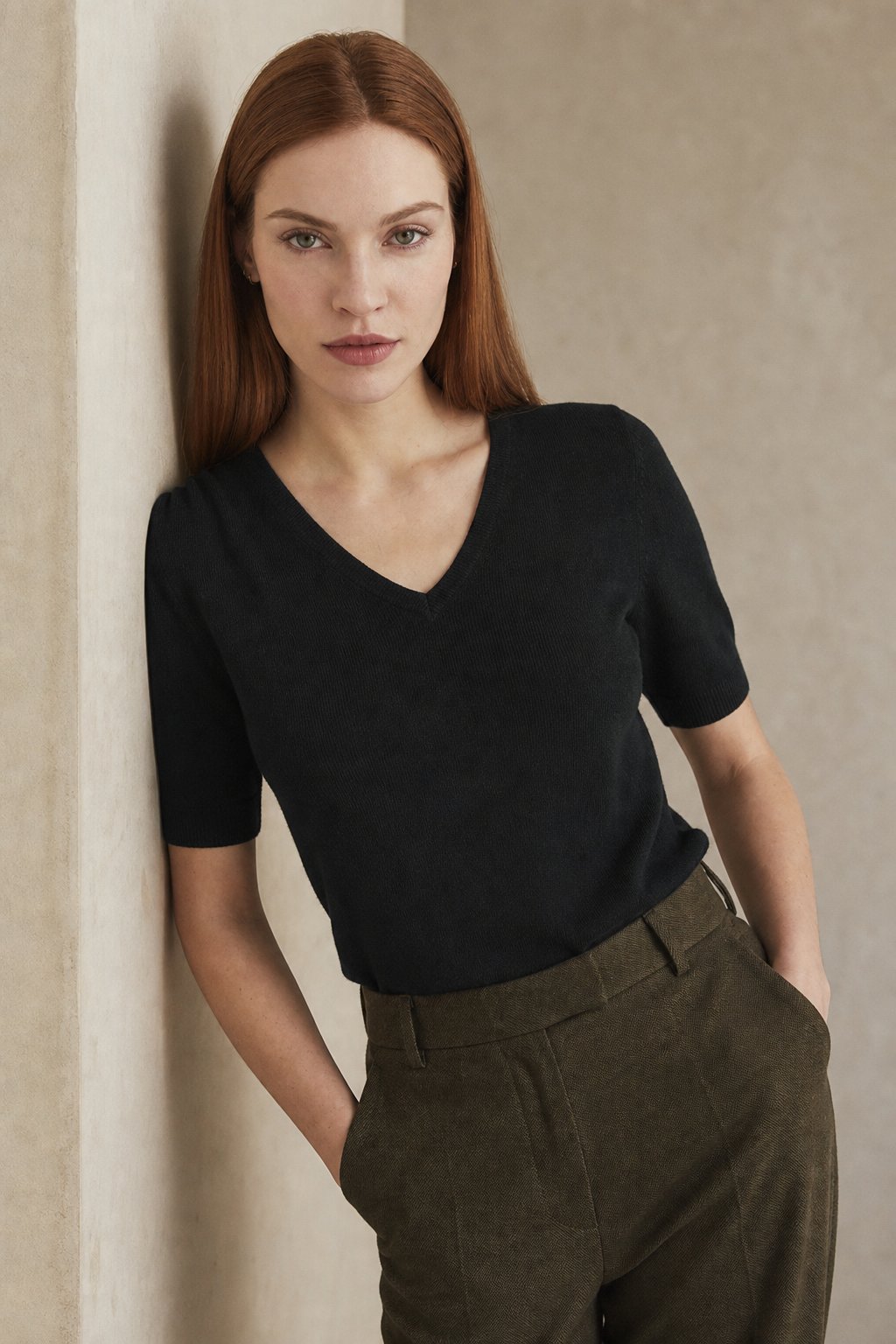 Merino wool blend V-neck knit top, detail view 5