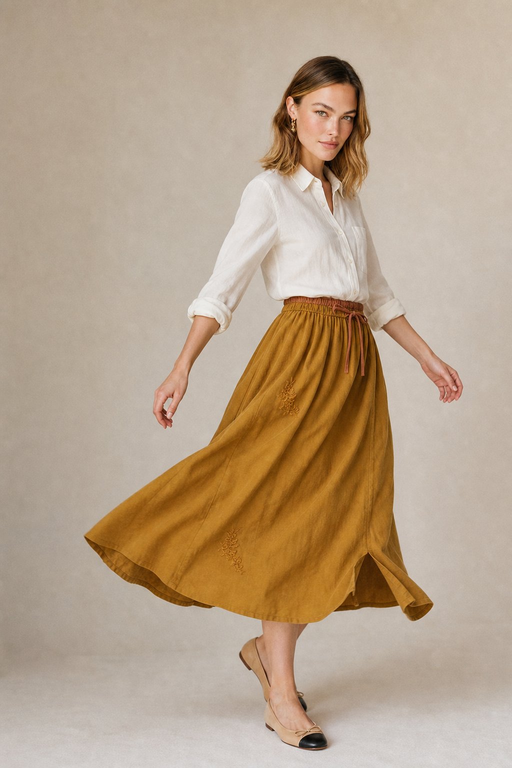 Embroidered linen A-line skirt in Yellow