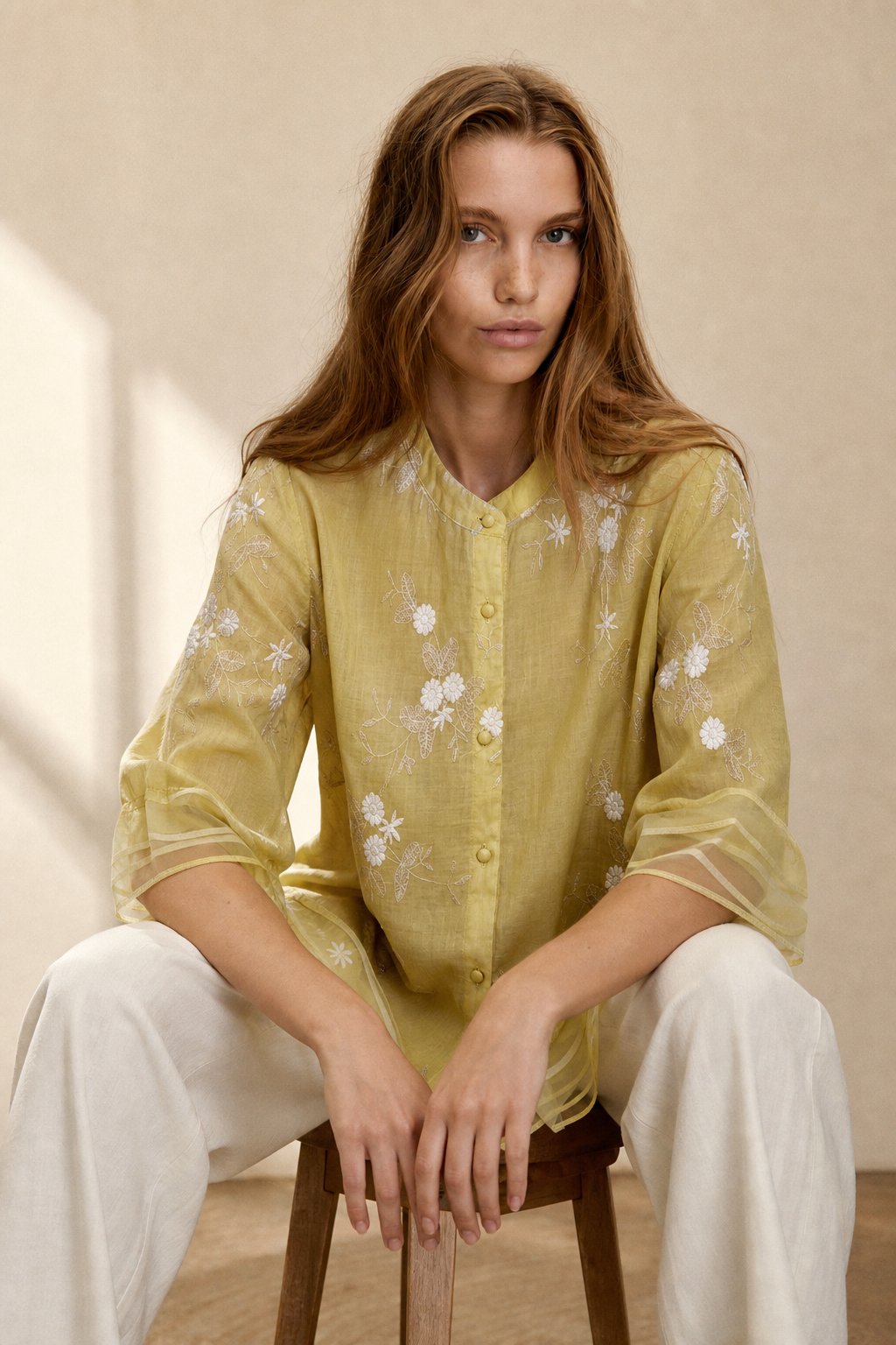 Embroidered cotton blouse in Yellow