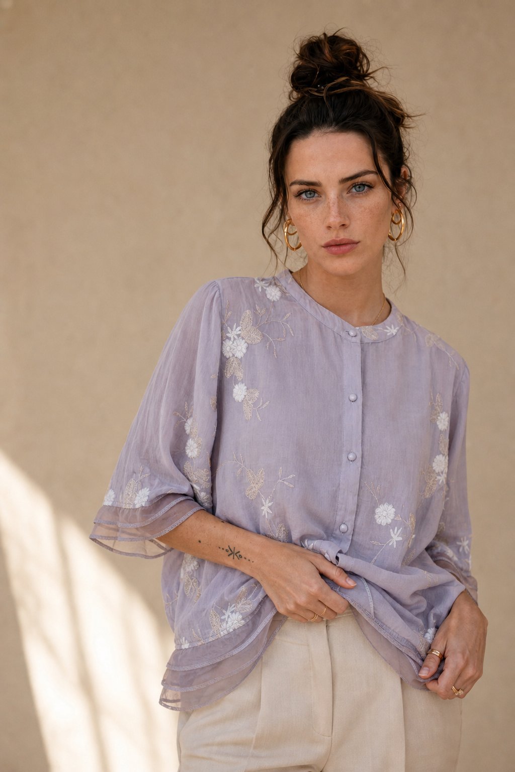 Embroidered cotton blouse in Lavender