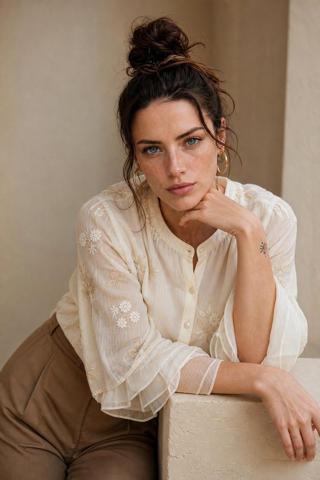 Embroidered cotton blouse in Ivory