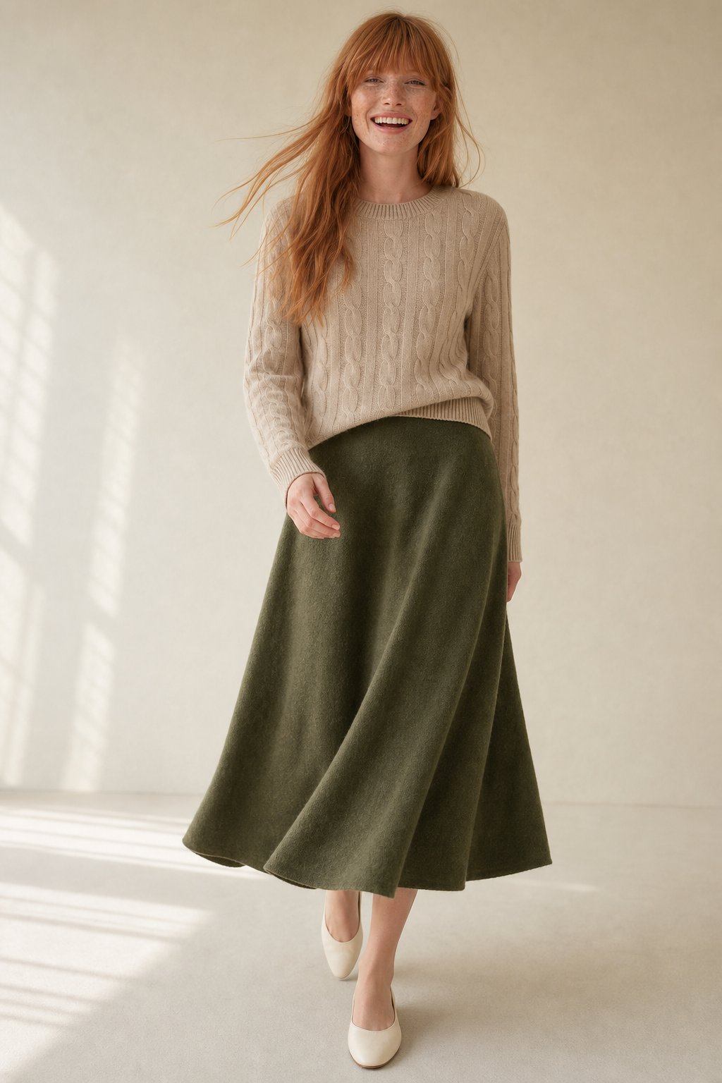 Flowing merino wool knit skirt in Olive
