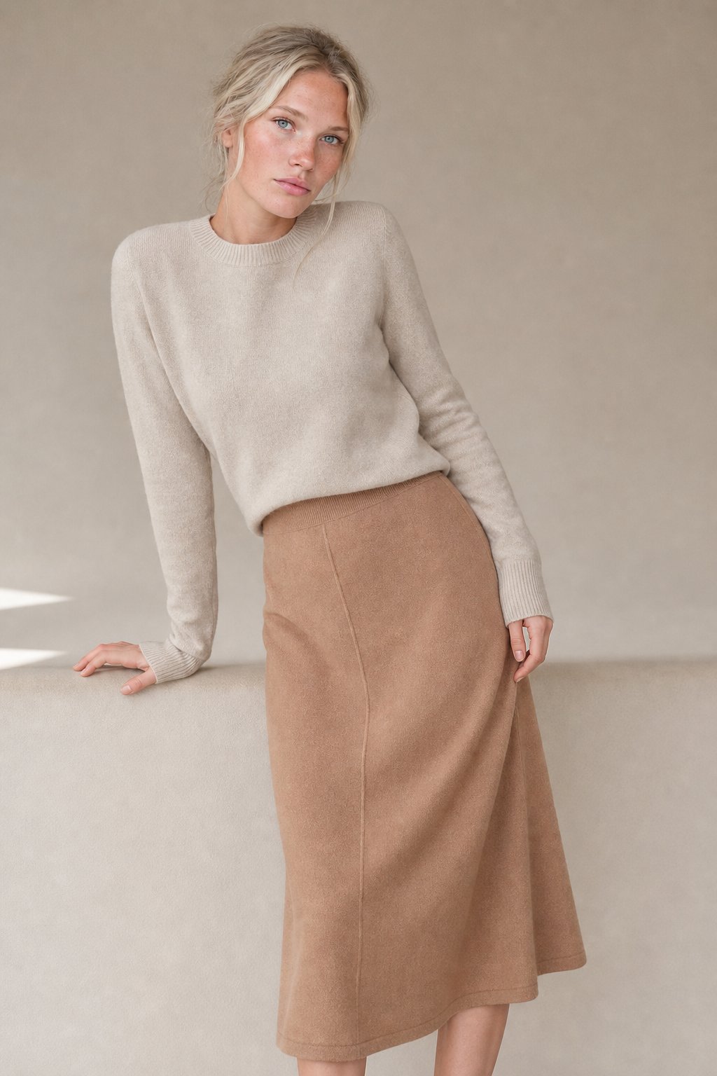 Flowing merino wool knit skirt in Khaki