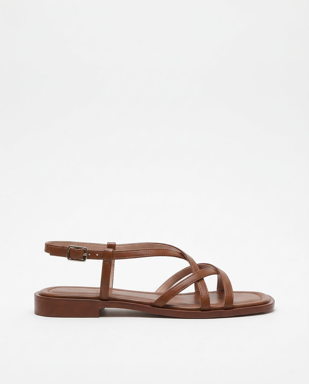 Leather strap sandal with gold buckle in Brown