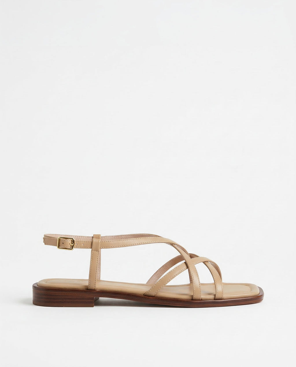 Leather strap sandal with gold buckle in Ivory