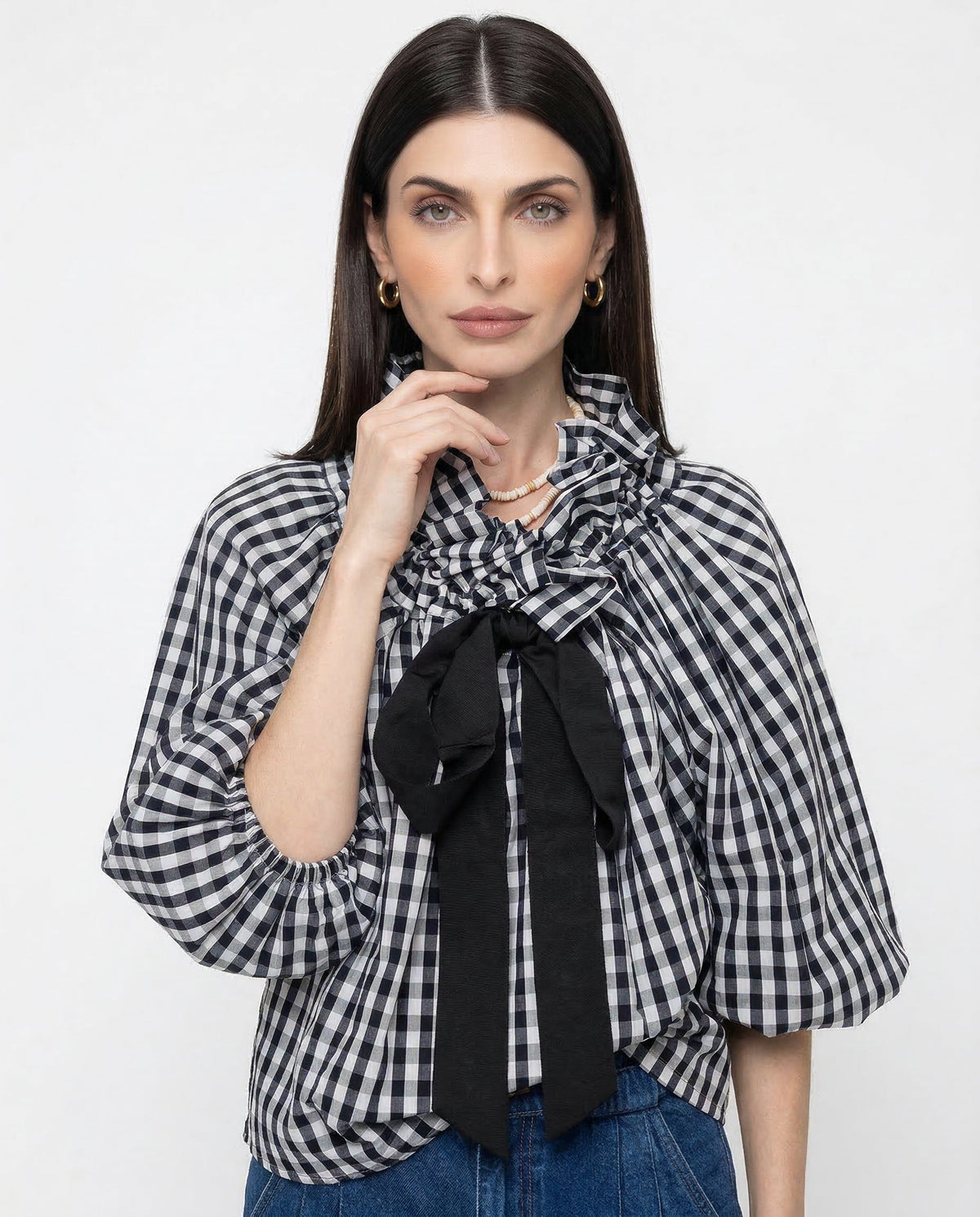 Ruffle collar bow tie blouse, detail view 5