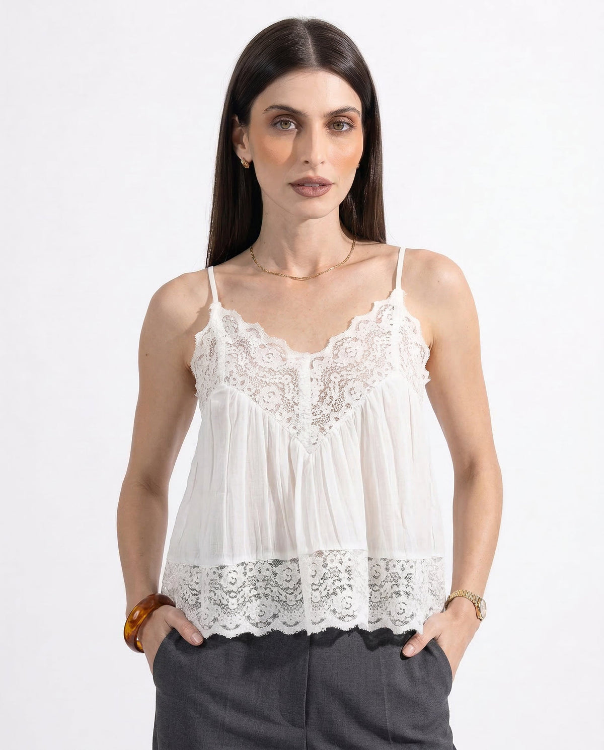 Sheer lace-trim cotton cami, detail view 7