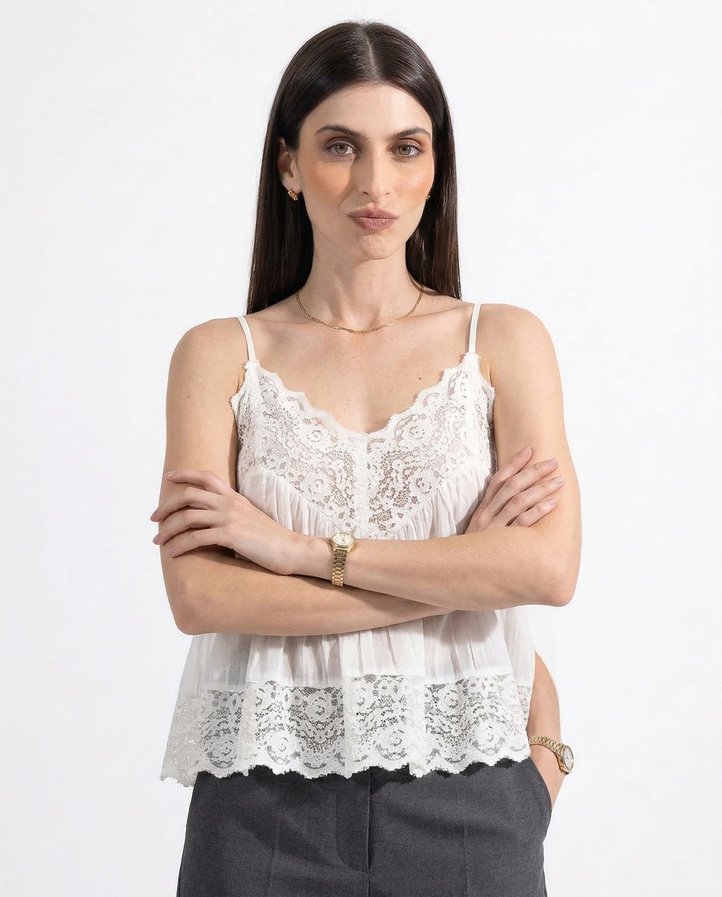 Sheer lace-trim cotton cami, detail view 5