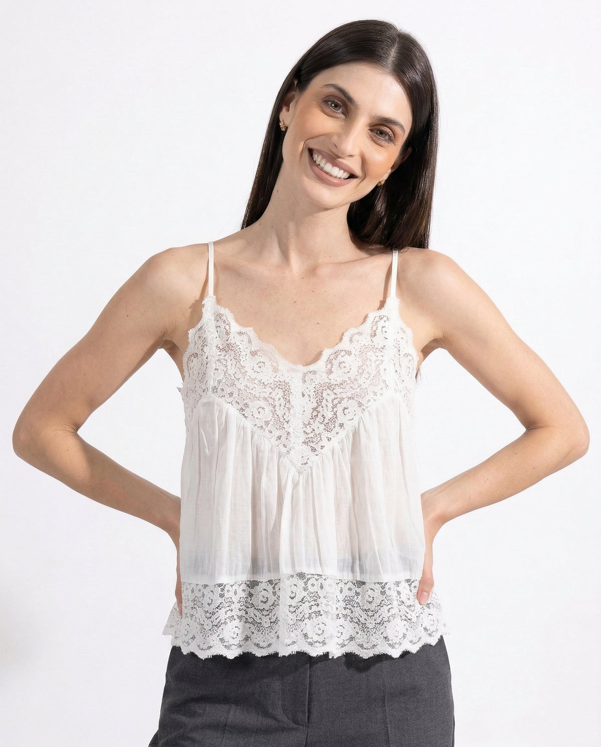 Sheer lace-trim cotton cami, detail view 4
