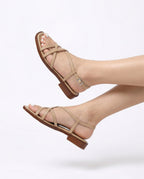 Leather strap sandal with gold buckle, detail view 1