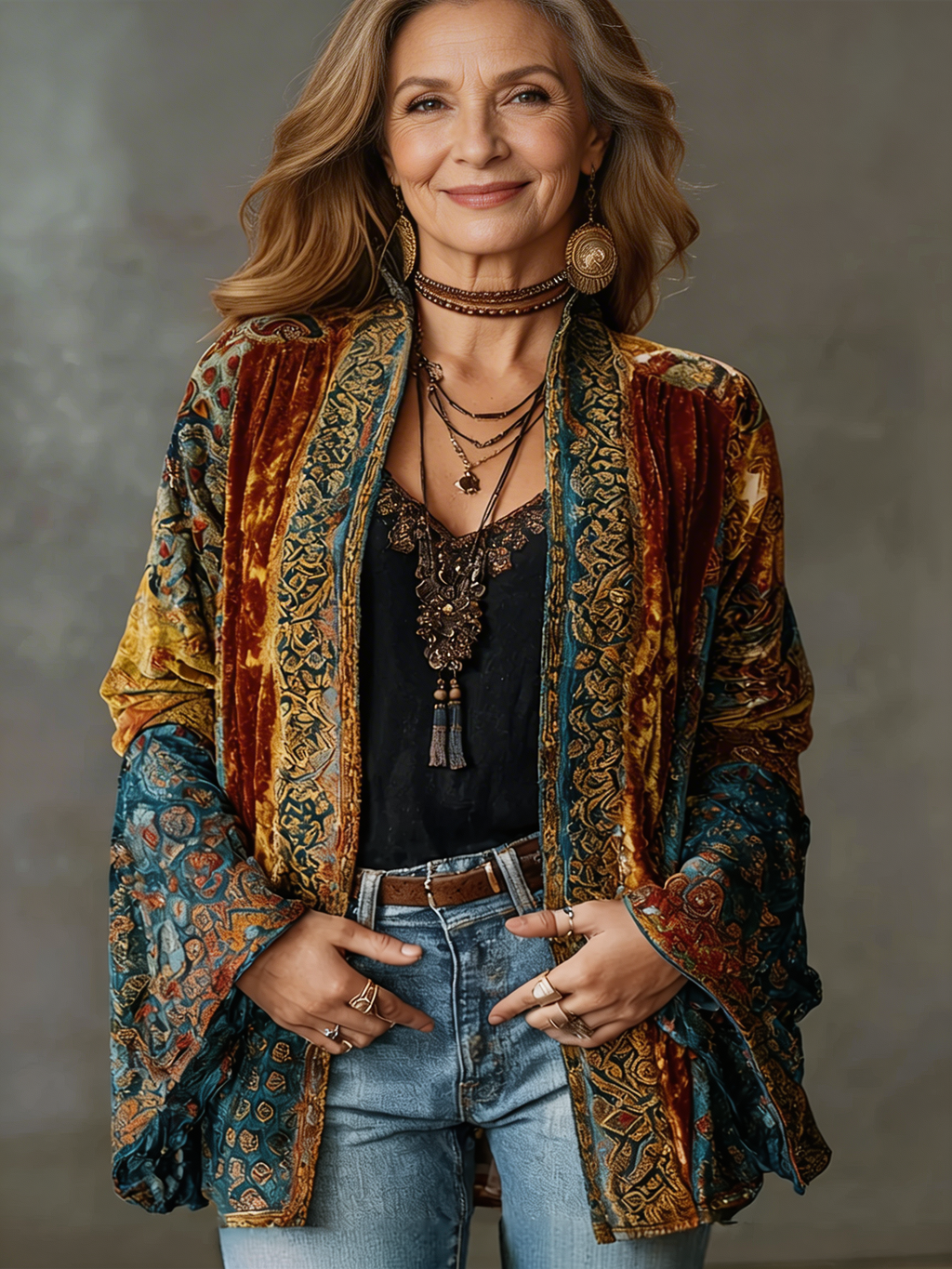 Bohemian Kimono Cardigan med Kunstnerisk Print til Damer – set forfra