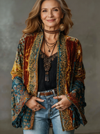 Bohemian Kimono Cardigan med Kunstnerisk Print til Damer – set forfra