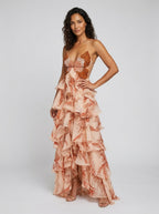 Orange beaded butterfly ruffle maxi dress, view 2