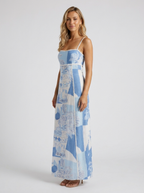 Blue scalloped square-neck printed maxi dress, view 2
