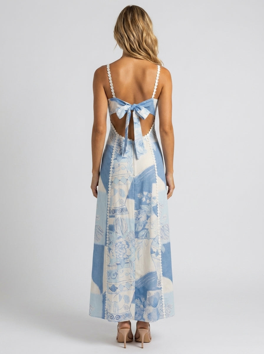 Blue scalloped square-neck printed maxi dress, view 3
