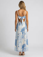 Blue scalloped square-neck printed maxi dress, view 3