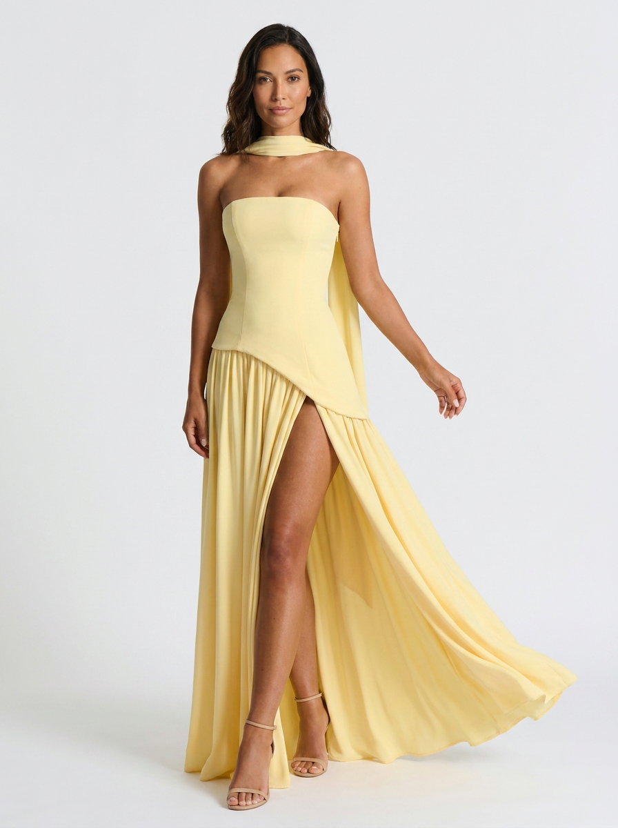 Strapless draped maxi dress with side slit, view 2