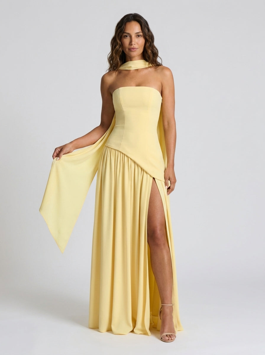 Strapless draped maxi dress with side slit, view 3