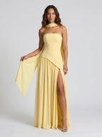 Strapless draped maxi dress with side slit, view 3
